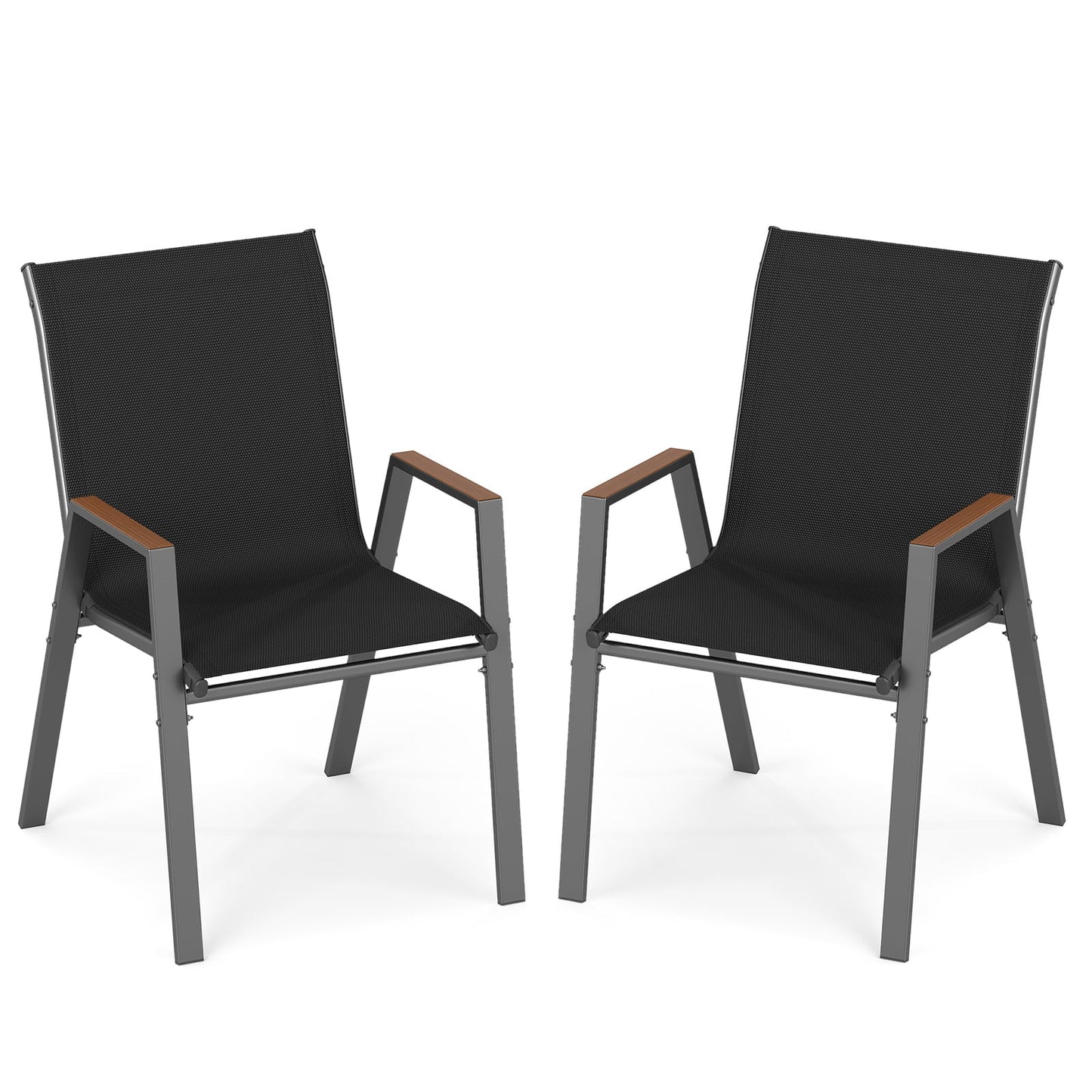 Stackable Patio Chairs Set of 2 Outdoor Breathable Fabric Dining Chairs with High Backs-Black