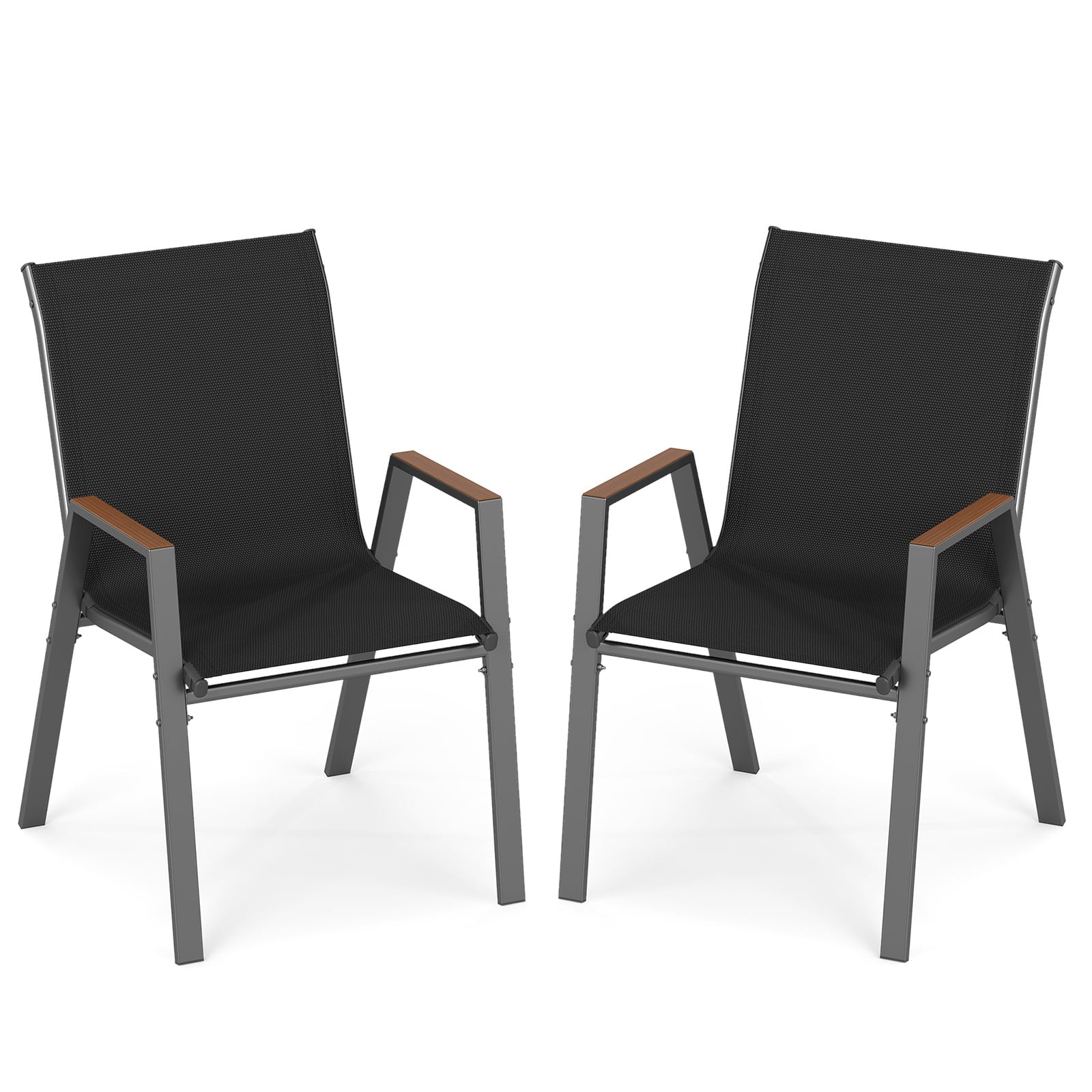 Stackable Patio Chairs Set of 2 Outdoor Breathable Fabric Dining Chairs with High Backs-Black