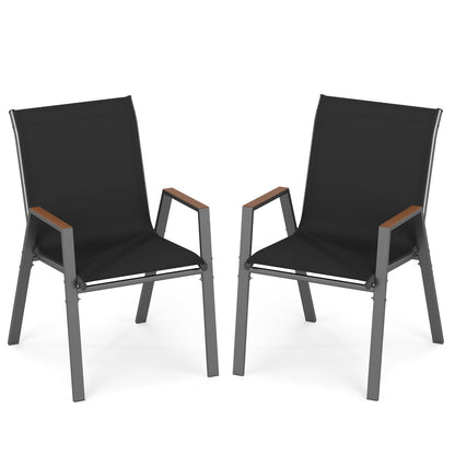Stackable Patio Chairs Set of 2 Outdoor Breathable Fabric Dining Chairs with High Backs-Black