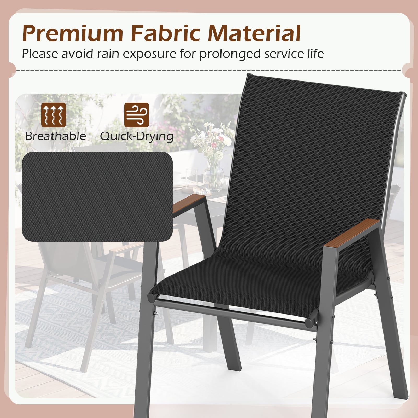 Stackable Patio Chairs Set of 2 Outdoor Breathable Fabric Dining Chairs with High Backs-Black