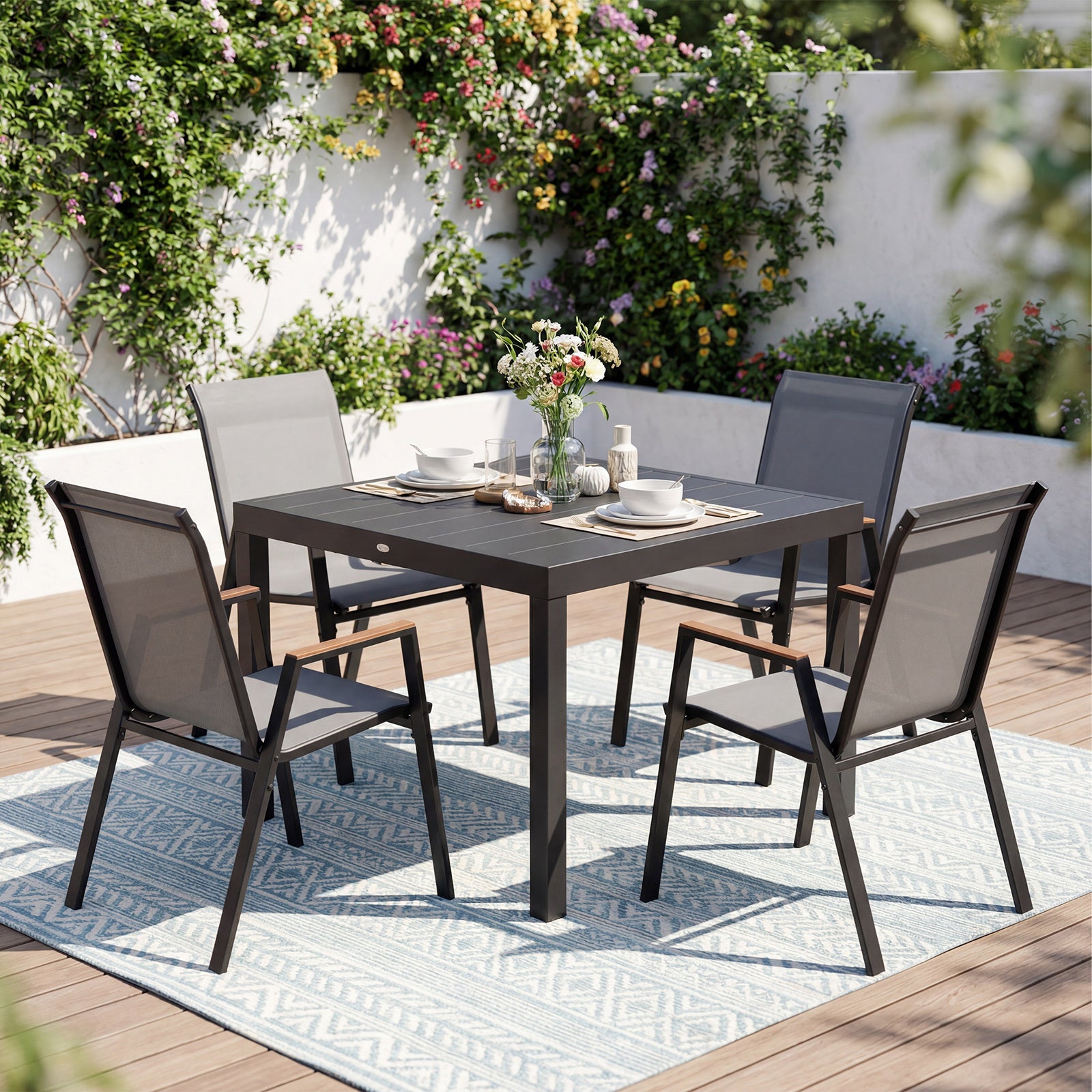 Stackable Patio Chairs Set of 2 Outdoor Breathable Fabric Dining Chairs with High Backs-Grey