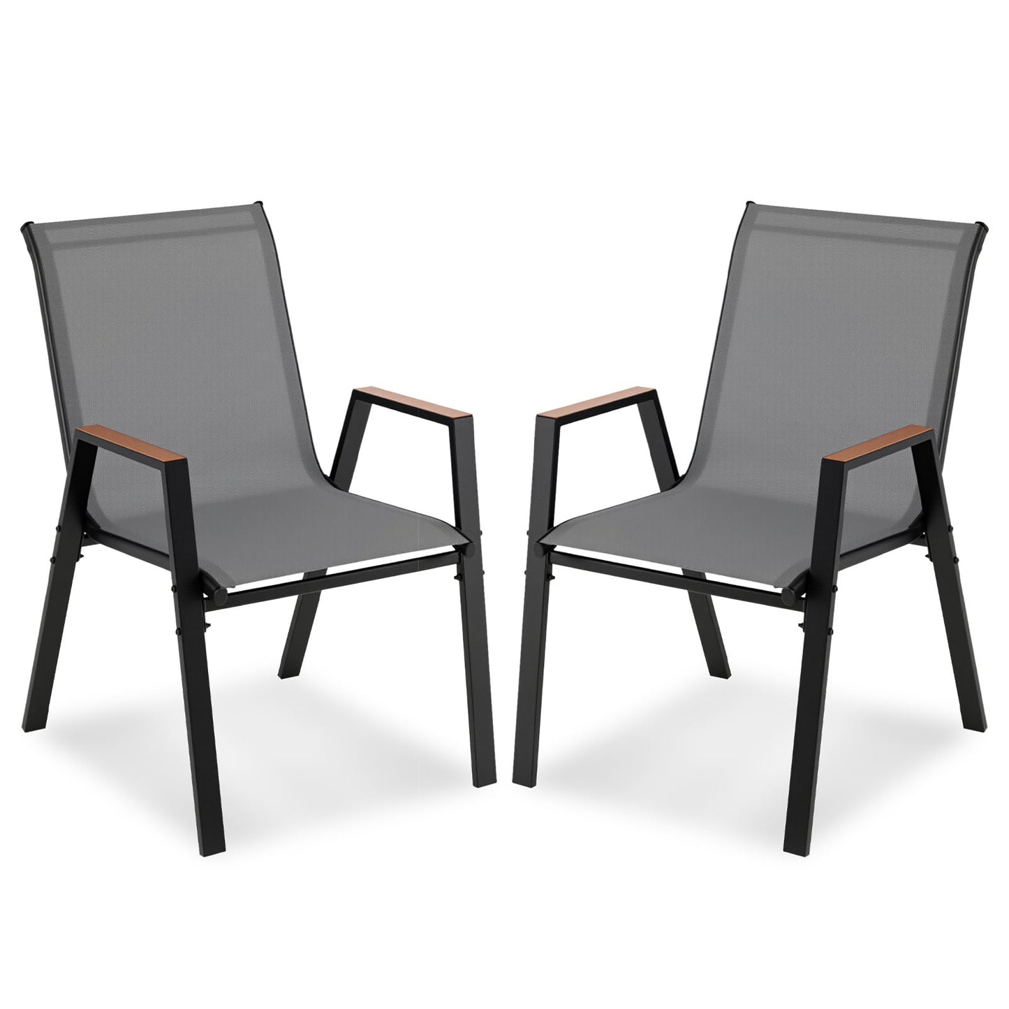 Stackable Patio Chairs Set of 2 Outdoor Breathable Fabric Dining Chairs with High Backs-Grey