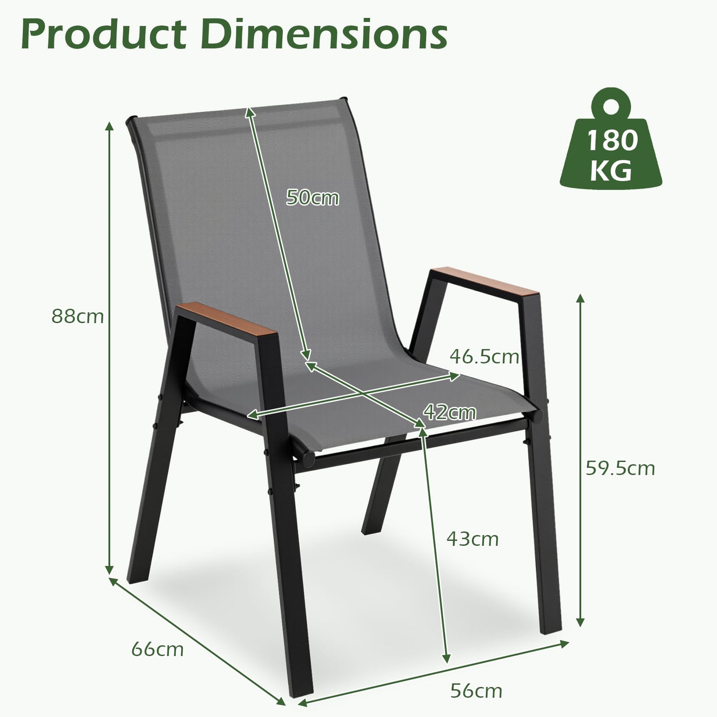 Stackable Patio Chairs Set of 2 Outdoor Breathable Fabric Dining Chairs with High Backs-Grey