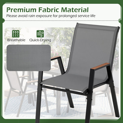 Stackable Patio Chairs Set of 2 Outdoor Breathable Fabric Dining Chairs with High Backs-Grey