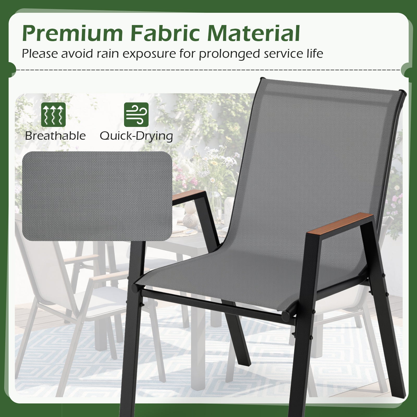 Stackable Patio Chairs Set of 2 Outdoor Breathable Fabric Dining Chairs with High Backs-Grey