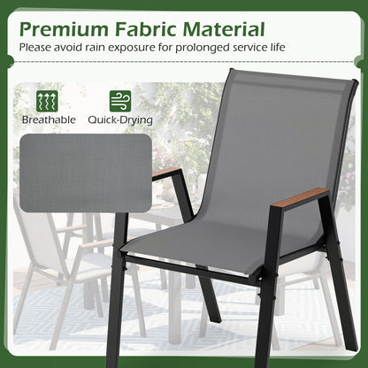 Stackable Patio Chairs Set of 2 Outdoor Breathable Fabric Dining Chairs with High Backs-Grey