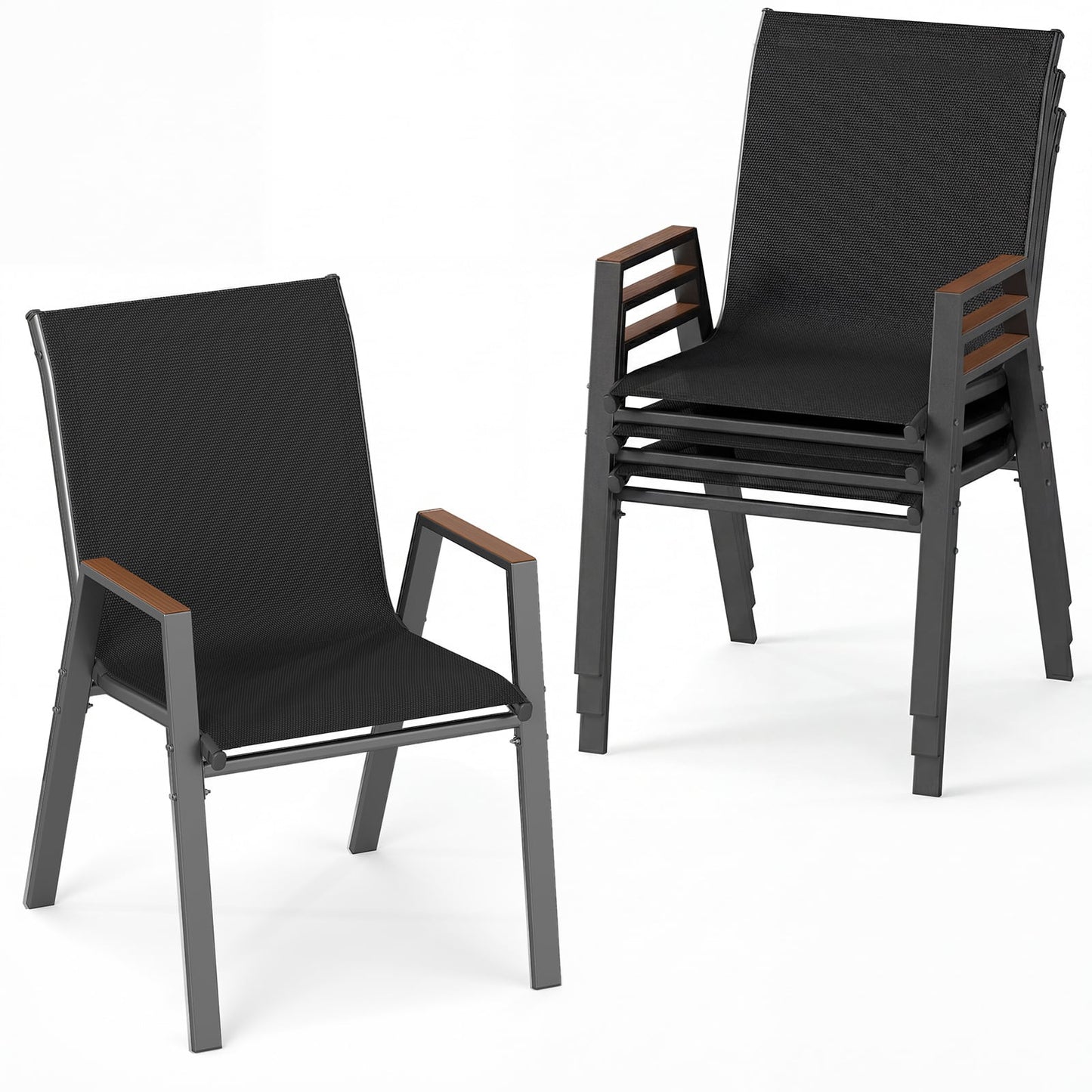 Stackable Patio Chairs Set of 4 Outdoor Breathable Fabric Dining Chairs with High Backs-Black