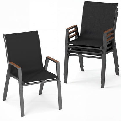 Stackable Patio Chairs Set of 4 Outdoor Breathable Fabric Dining Chairs with High Backs-Black