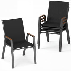 Stackable Patio Chairs Set of 4 Outdoor Breathable Fabric Dining Chairs with High Backs-Black