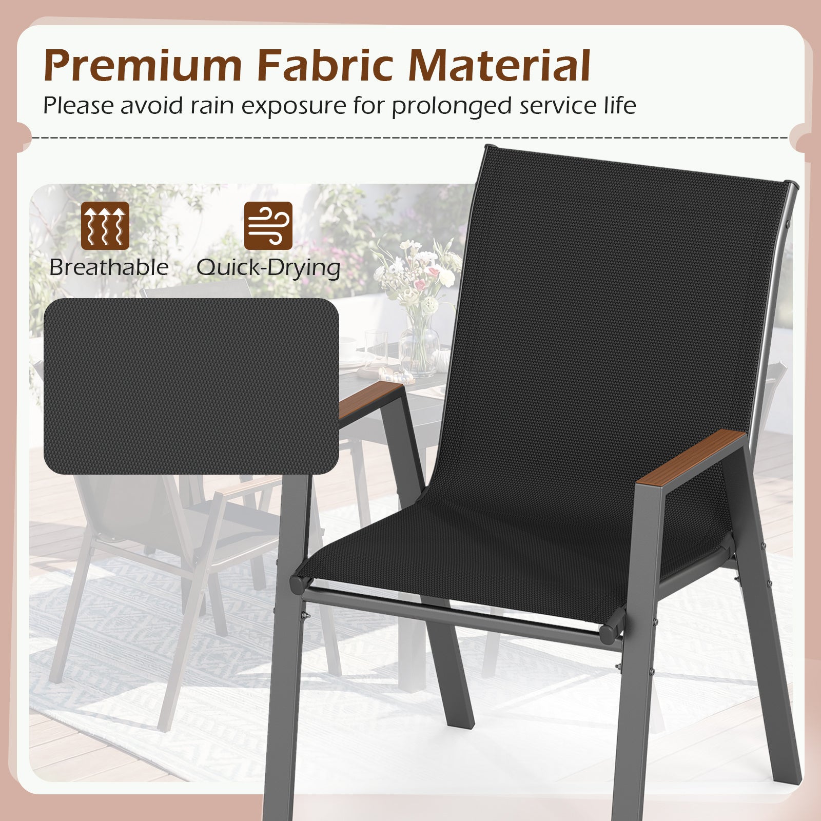 Stackable Patio Chairs Set of 4 Outdoor Breathable Fabric Dining Chairs with High Backs-Black
