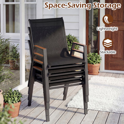 Stackable Patio Chairs Set of 4 Outdoor Breathable Fabric Dining Chairs with High Backs-Black