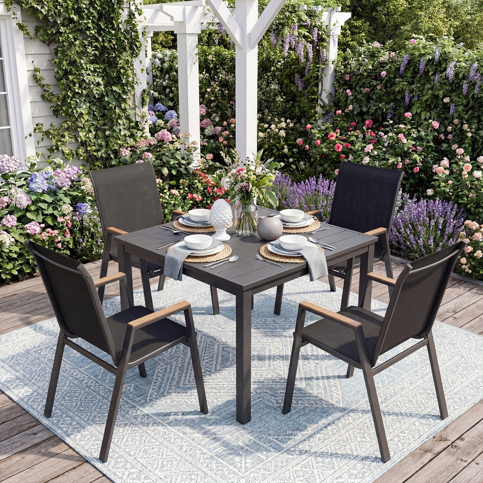Stackable Patio Chairs Set of 4 Outdoor Breathable Fabric Dining Chairs with High Backs-Black