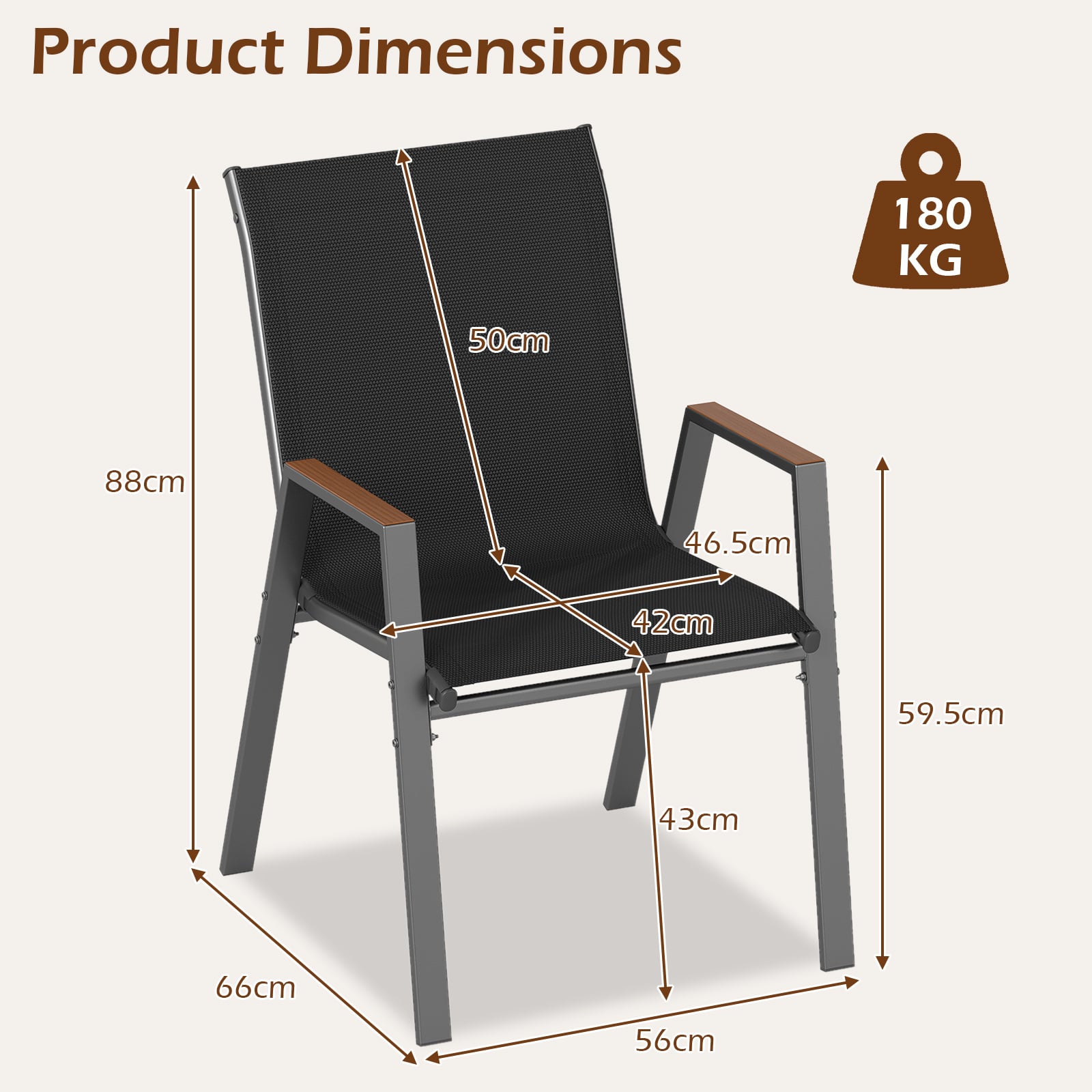 Stackable Patio Chairs Set of 4 Outdoor Breathable Fabric Dining Chairs with High Backs-Black