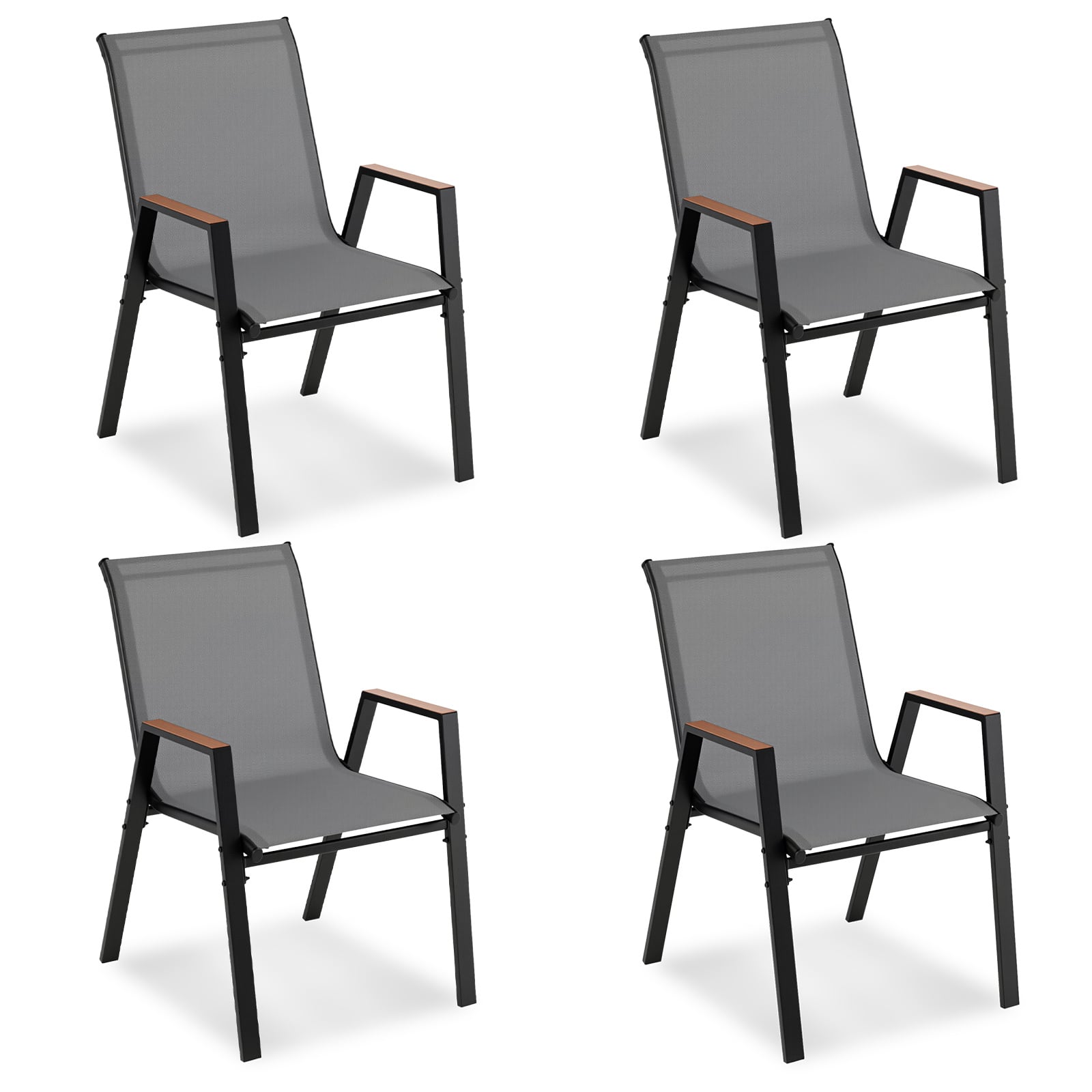 Stackable Patio Chairs Set of 4 Outdoor Breathable Fabric Dining Chairs with High Backs-Grey