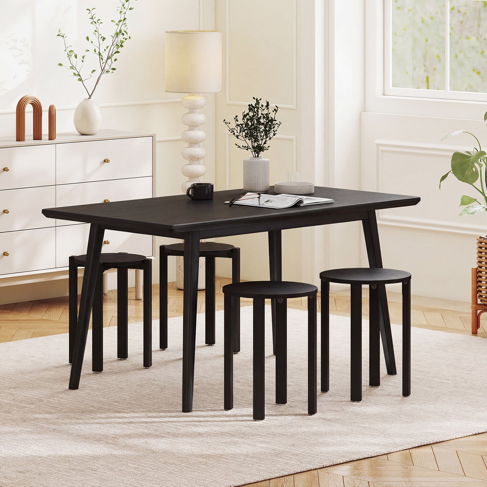 Stackable Stools Set of 4 with Rolling Base Solid Rubber Wood Nesting Stools-Black