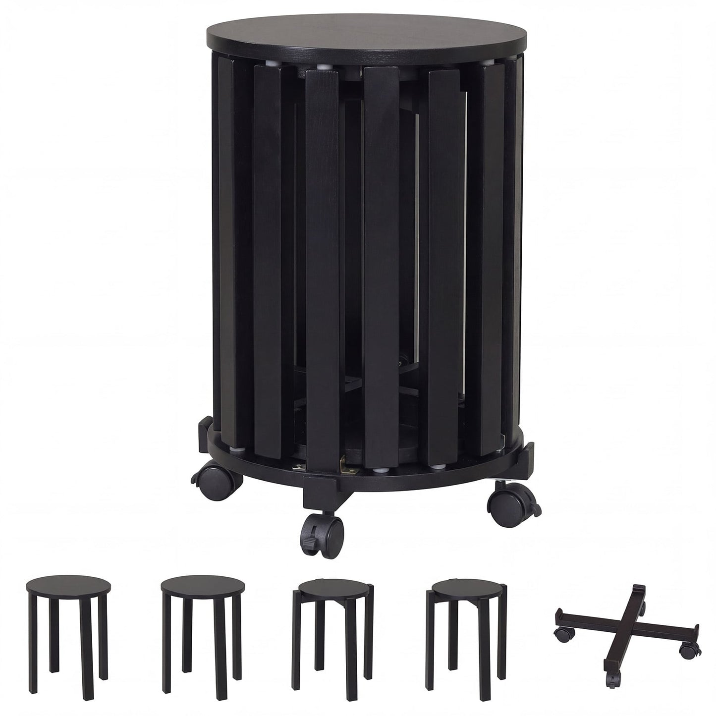 Stackable Stools Set of 4 with Rolling Base Solid Rubber Wood Nesting Stools-Black