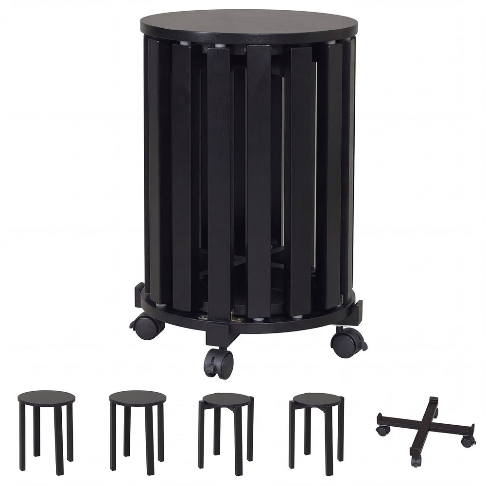 Stackable Stools Set of 4 with Rolling Base Solid Rubber Wood Nesting Stools-Black