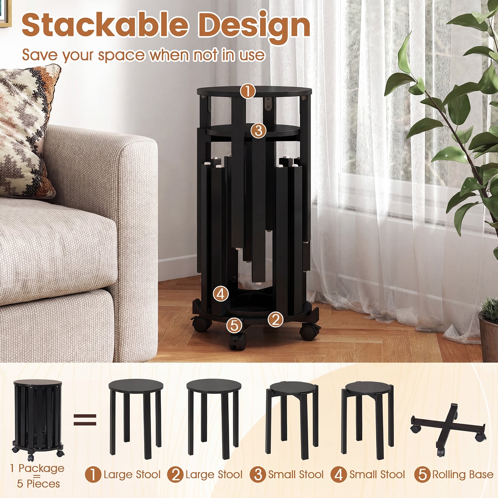 Stackable Stools Set of 4 with Rolling Base Solid Rubber Wood Nesting Stools-Black