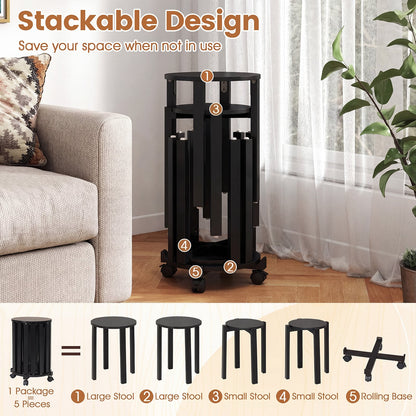 Stackable Stools Set of 4 with Rolling Base Solid Rubber Wood Nesting Stools-Black