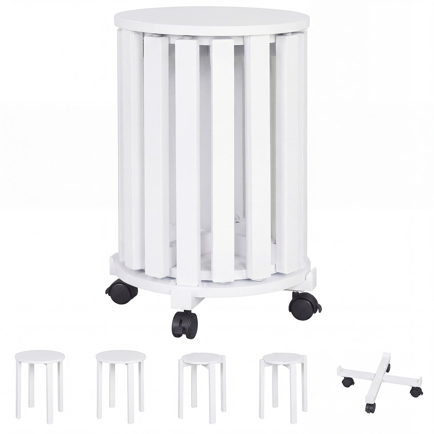Stackable Stools Set of 4 with Rolling Base Solid Rubber Wood Nesting Stools-White