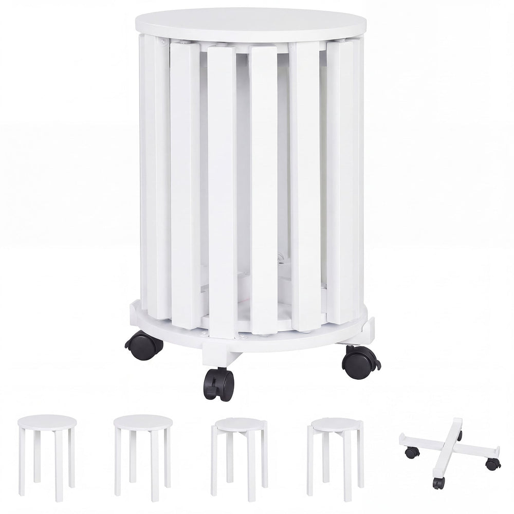 Stackable Stools Set of 4 with Rolling Base Solid Rubber Wood Nesting Stools-White