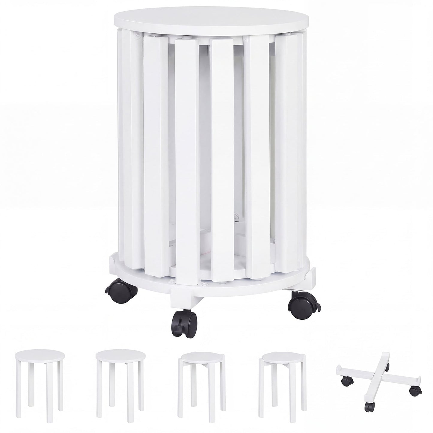 Stackable Stools Set of 4 with Rolling Base Solid Rubber Wood Nesting Stools-White