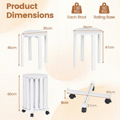 Stackable Stools Set of 4 with Rolling Base Solid Rubber Wood Nesting Stools-White