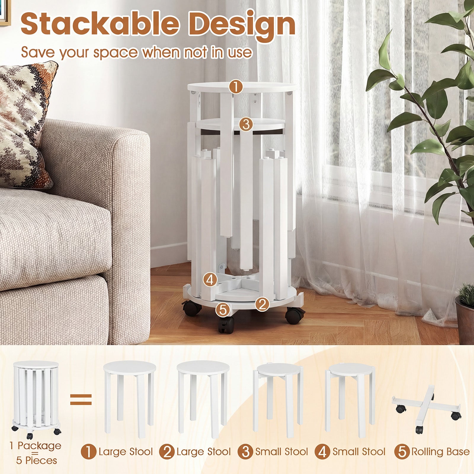 Stackable Stools Set of 4 with Rolling Base Solid Rubber Wood Nesting Stools-White