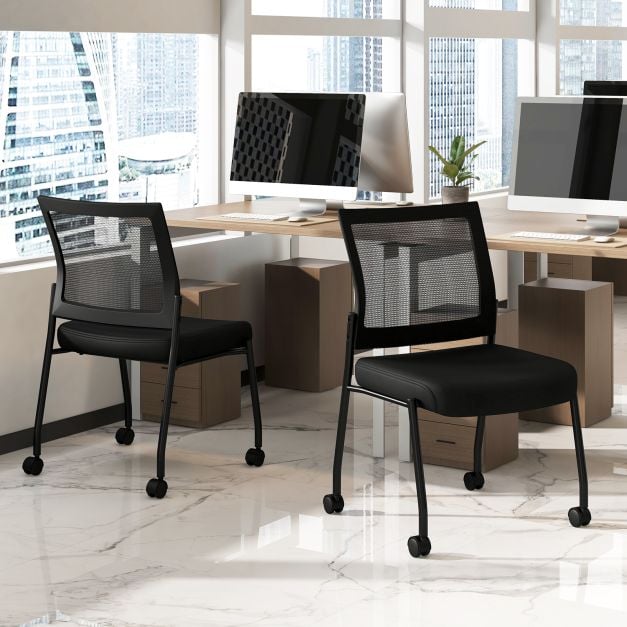 Stackable Armless Waiting Room Guest Chair with Wheels Set of 2-Black