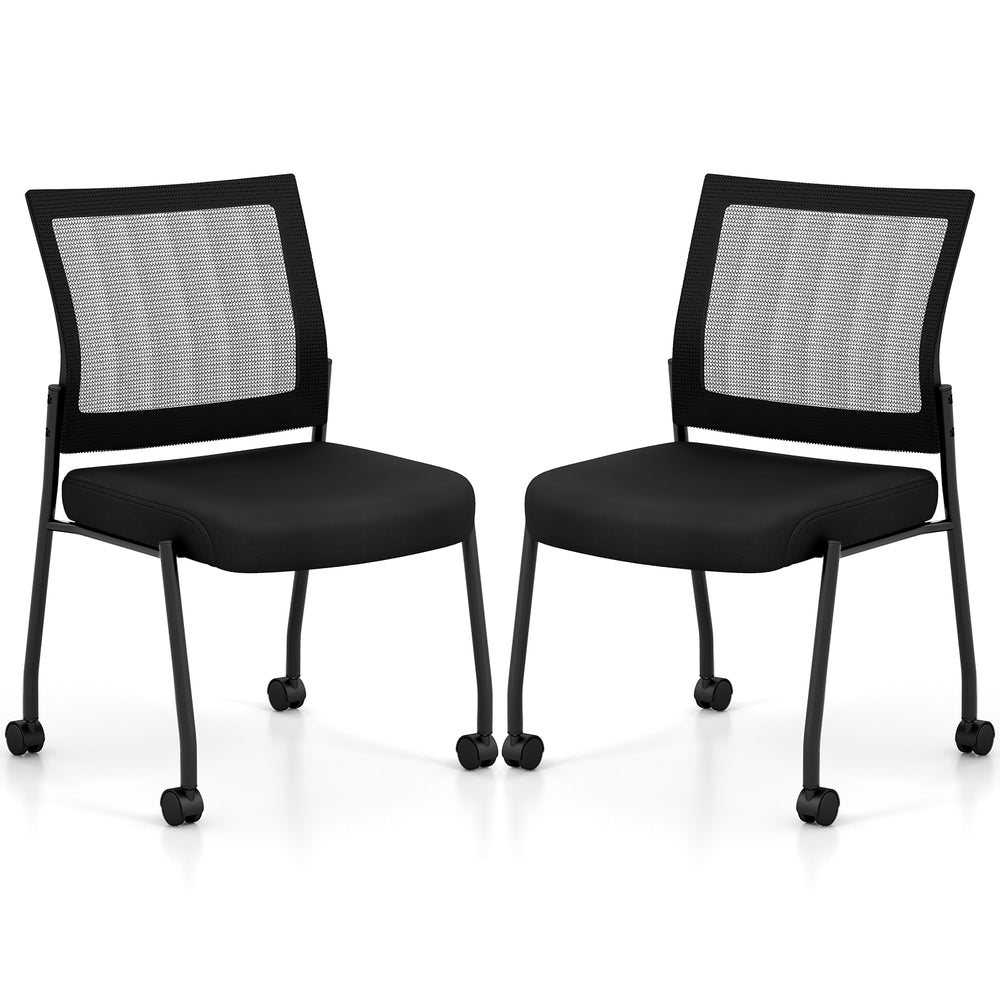 Stackable Armless Waiting Room Guest Chair with Wheels Set of 2-Black