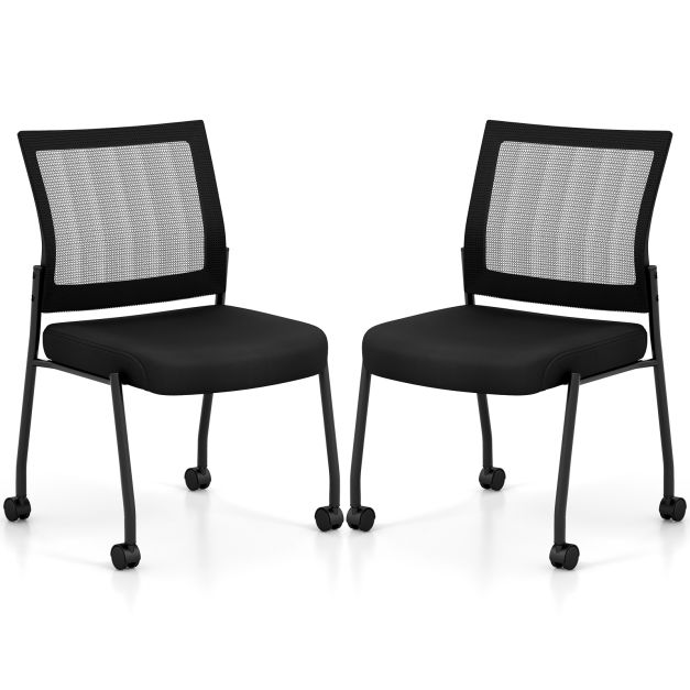 Stackable Armless Waiting Room Guest Chair with Wheels Set of 2-Black