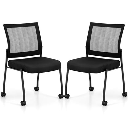 Stackable Armless Waiting Room Guest Chair with Wheels Set of 2-Black