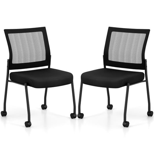 Stackable Armless Waiting Room Guest Chair with Wheels Set of 2-Black