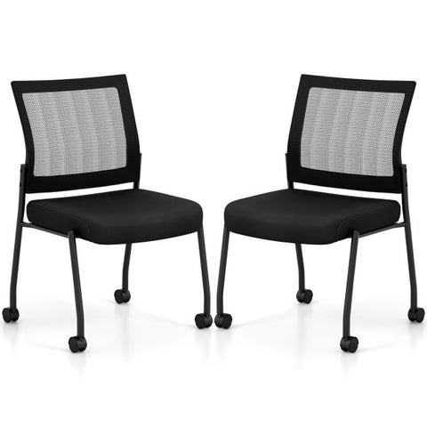 Stackable Armless Waiting Room Guest Chair with Wheels Set of 2-Black