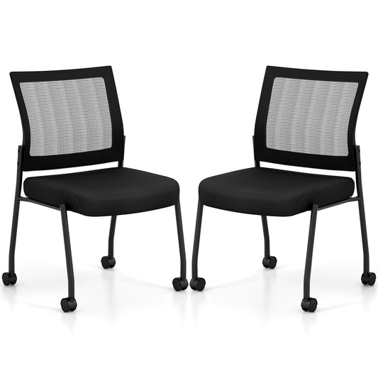 Stackable Armless Waiting Room Guest Chair with Wheels Set of 2-Black