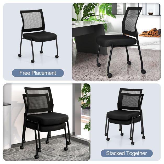Stackable Armless Waiting Room Guest Chair with Wheels Set of 2-Black