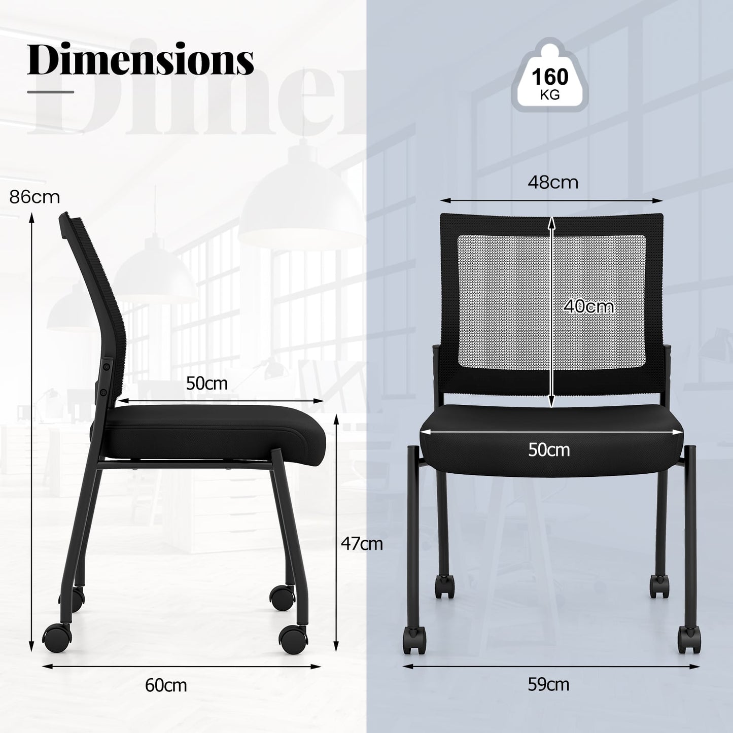 Stackable Armless Waiting Room Guest Chair with Wheels Set of 2-Black