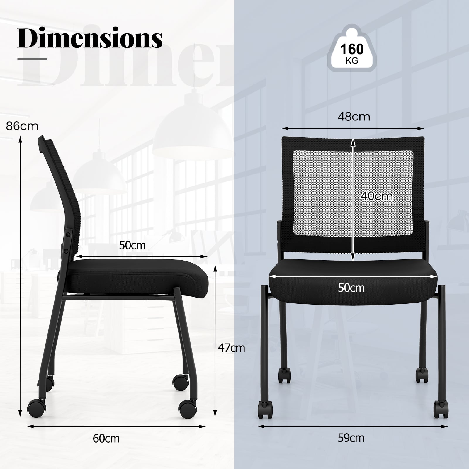 Stackable Armless Waiting Room Guest Chair with Wheels Set of 2-Black