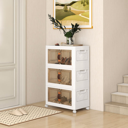 Folding 3 Pack PP 157 L Stackable Storage Bins with Lockable Wheels-White