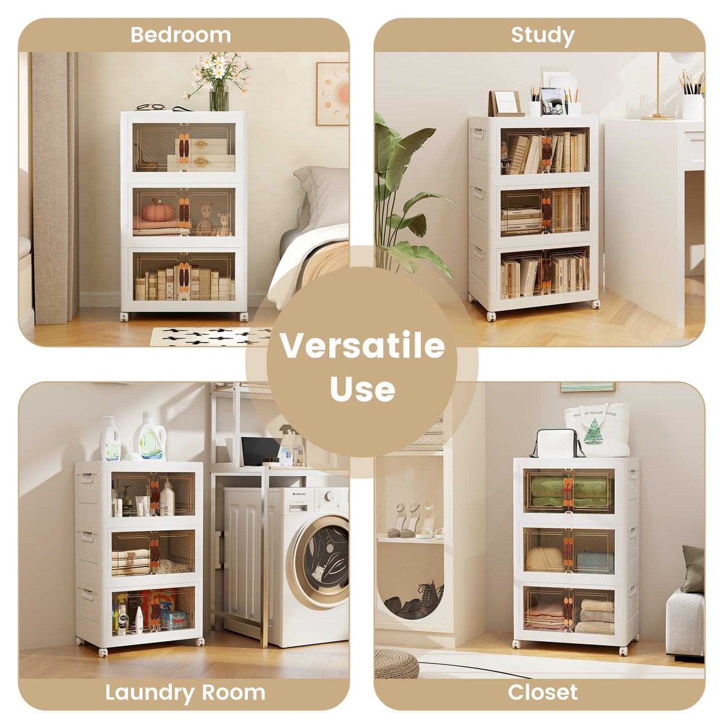 Folding 3 Pack PP 157 L Stackable Storage Bins with Lockable Wheels-White
