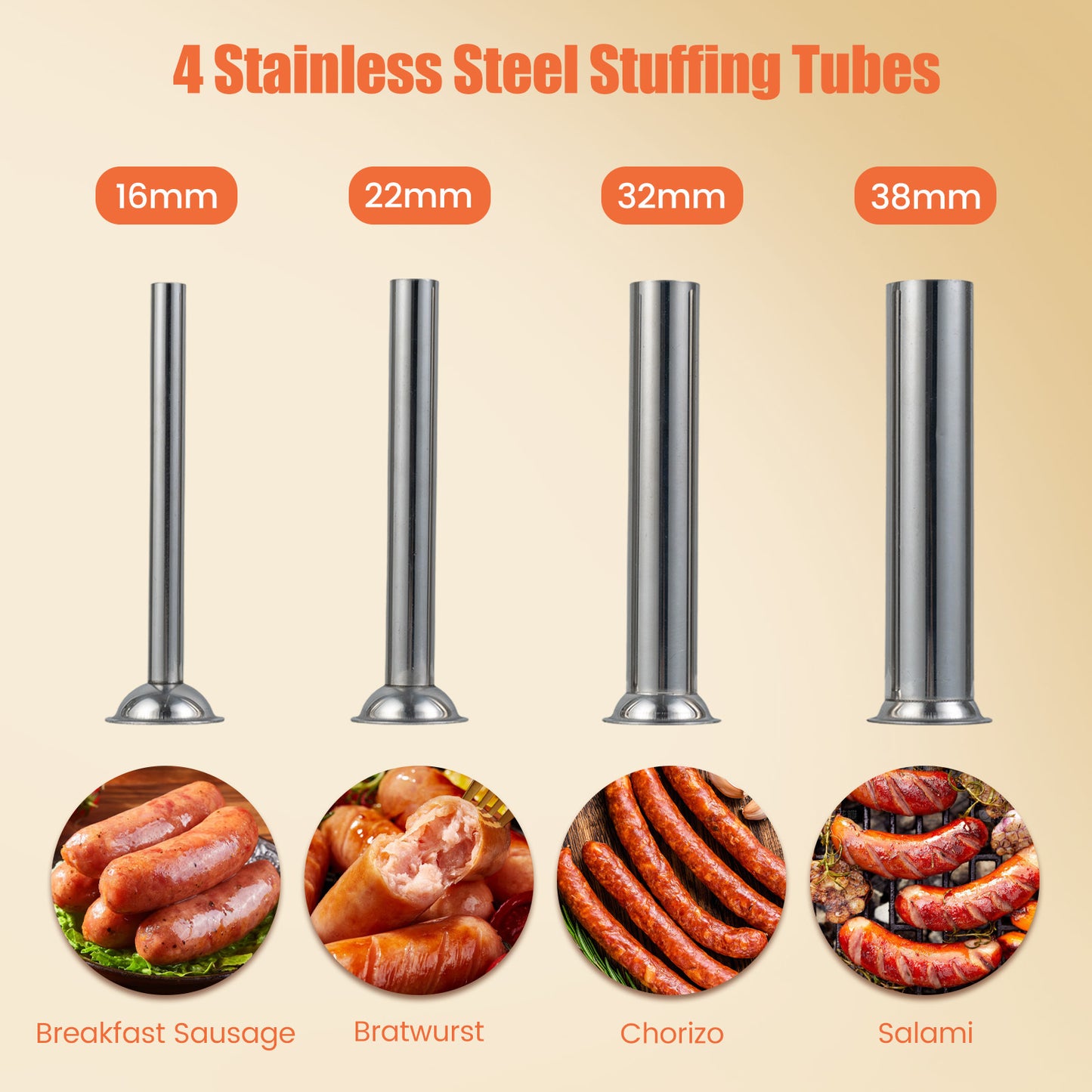 Stainless Steel Meat Filling Machine with 2 Speeds and 4 Stuffing Tubes for Home-5L