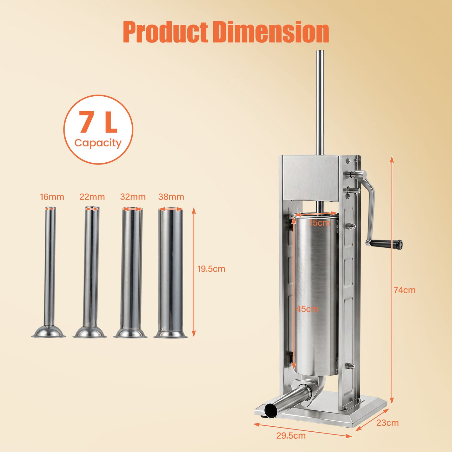 Stainless Steel Meat Filling Machine with 2 Speeds and 4 Stuffing Tubes for Home-7L