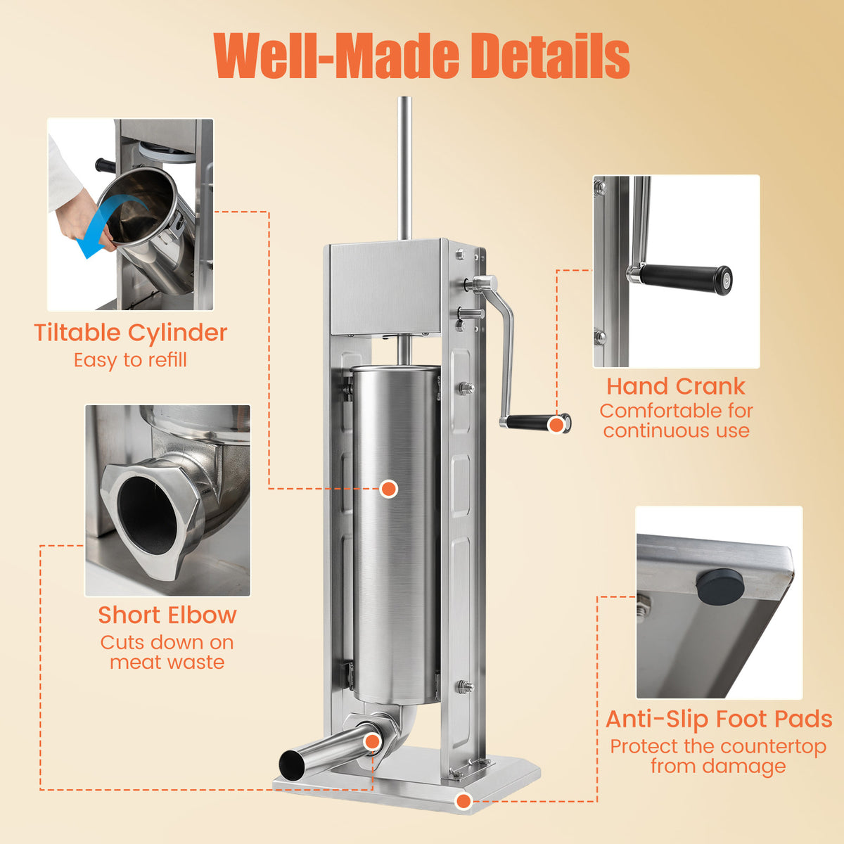 Stainless Steel Meat Filling Machine with 2 Speeds and 4 Stuffing Tubes for Home-7L