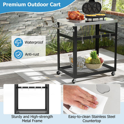 2-tier Stainless Steel Grill Cart with Wheels and Handle-Black