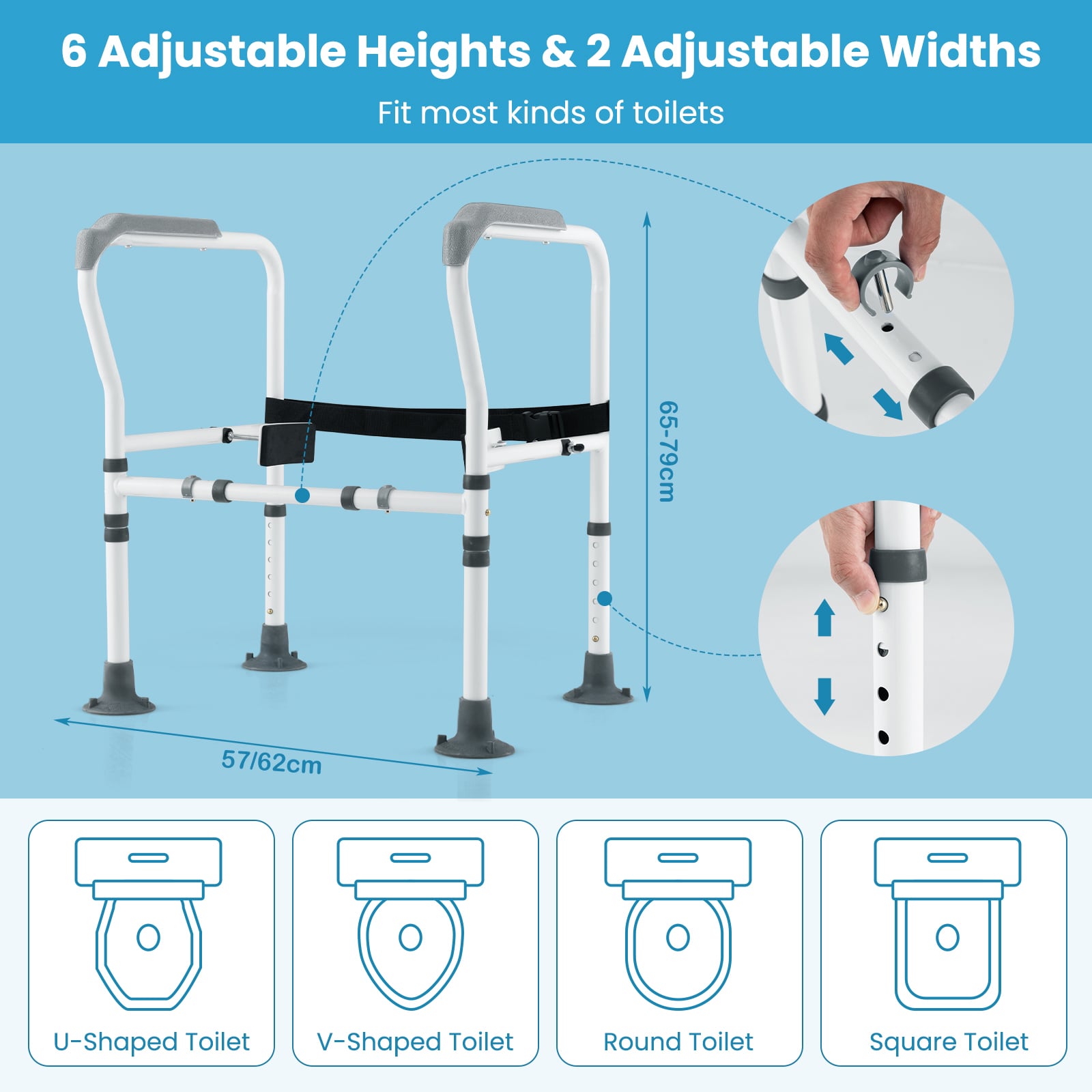 Stand Alone Toilet Safety Frame with Adjustable Height and Width-Grey
