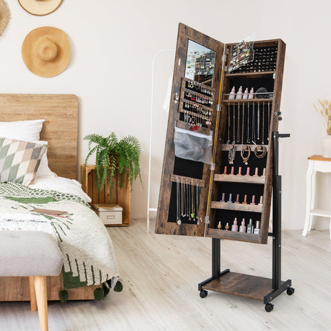 Lockable Jewelry Armoire Organizer with 3-Color Dimmable LED Full-Length Mirror-Brown