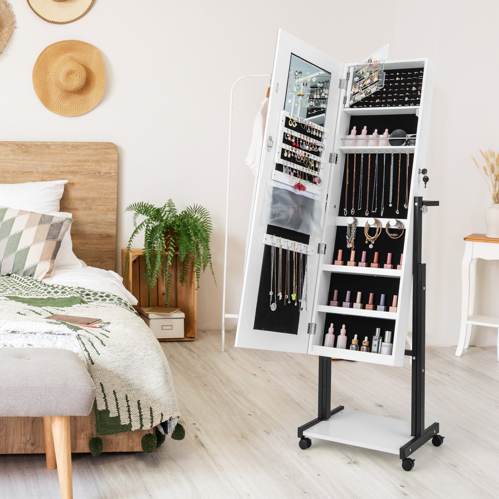 Lockable Jewelry Armoire Organizer with 3-Color Dimmable LED Full-Length Mirror-White