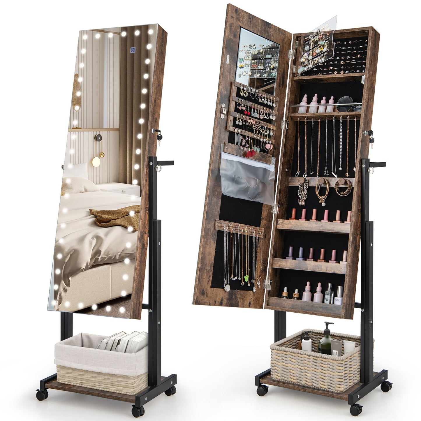 Lockable Jewelry Armoire Organizer with 3-Color Dimmable LED Full-Length Mirror-Brown