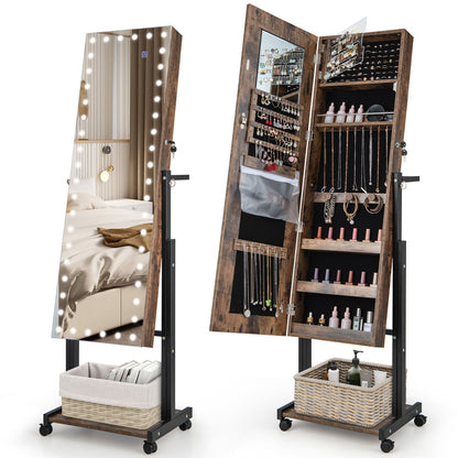Lockable Jewelry Armoire Organizer with 3-Color Dimmable LED Full-Length Mirror-Brown