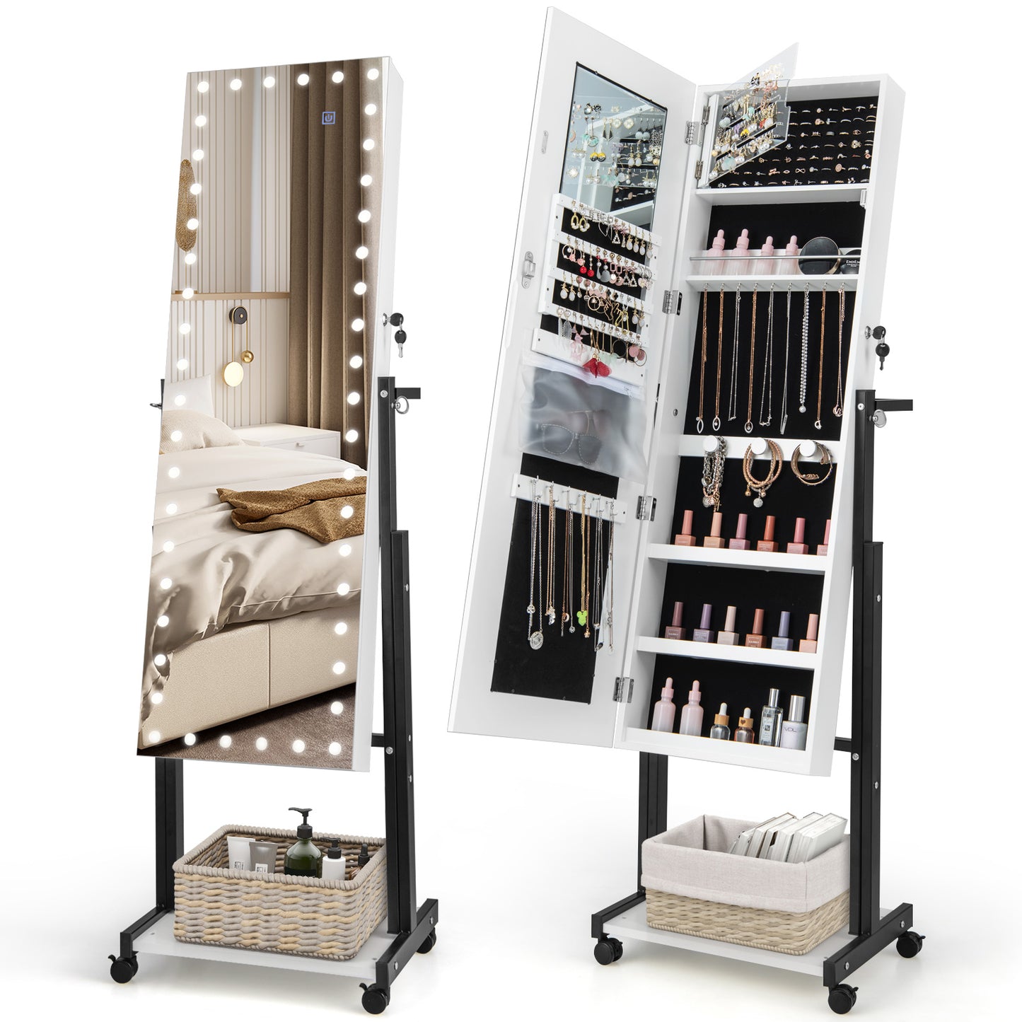 Lockable Jewelry Armoire Organizer with 3-Color Dimmable LED Full-Length Mirror-White